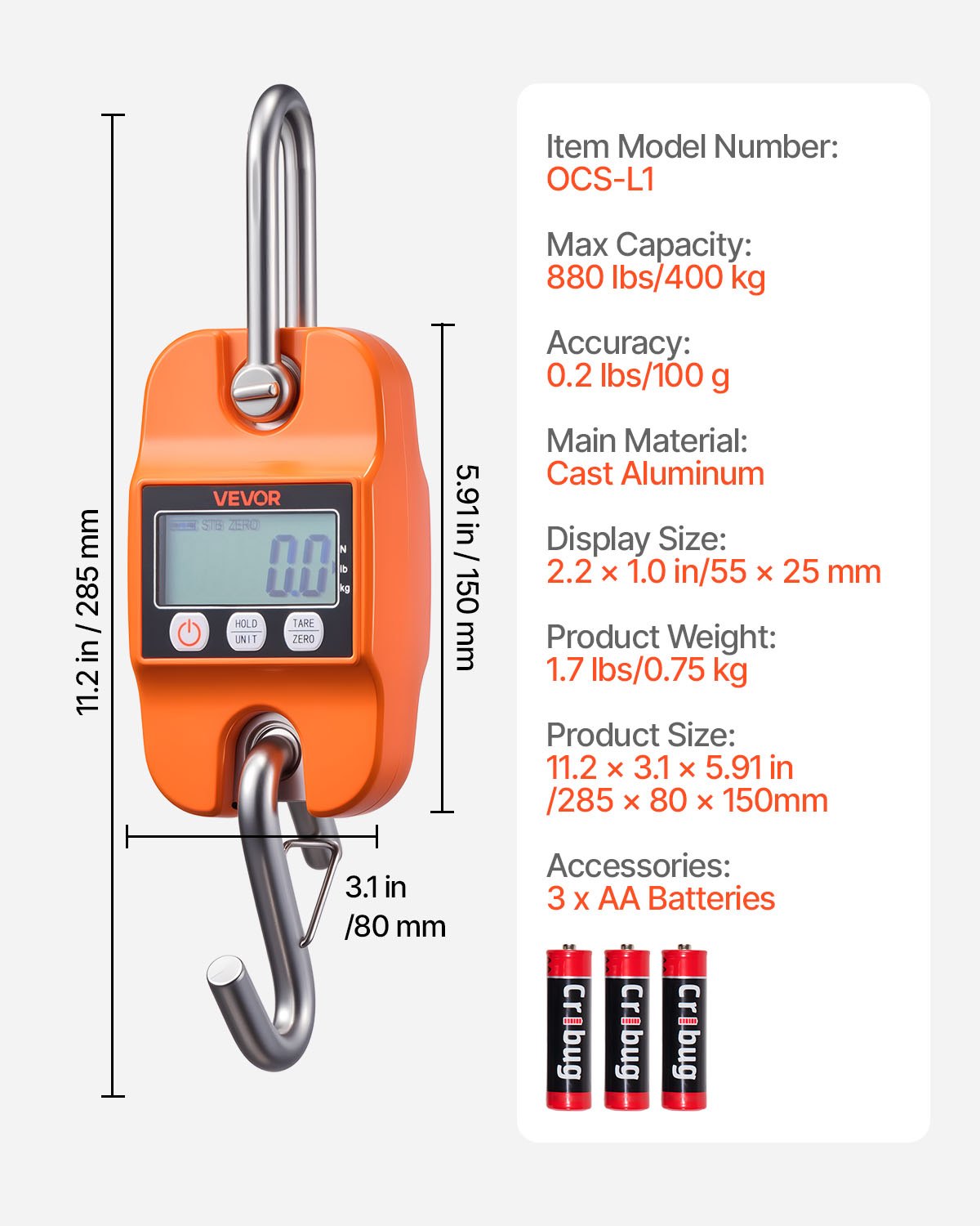 Digital Crane Scale, 880 Lbs/400 Kg Max Capacity, Handheld Hanging Scale With Cast Aluminum Case & LCD Display, 0.2 Lbs Division & 3 Unit Switch, Auto-Off Setting For Farm Hunting Fishing, Orange