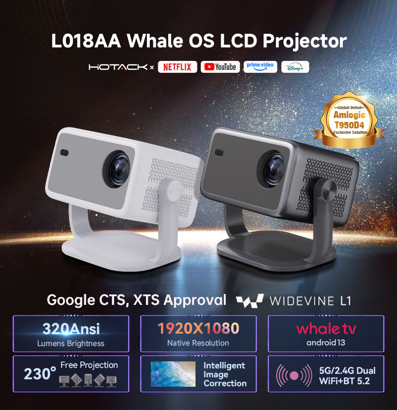 L018AA Whale OS LCD Projector 320 ANSI Lumens, 1920X1080P Resolution ,Android 13 And Officially Authorized By...