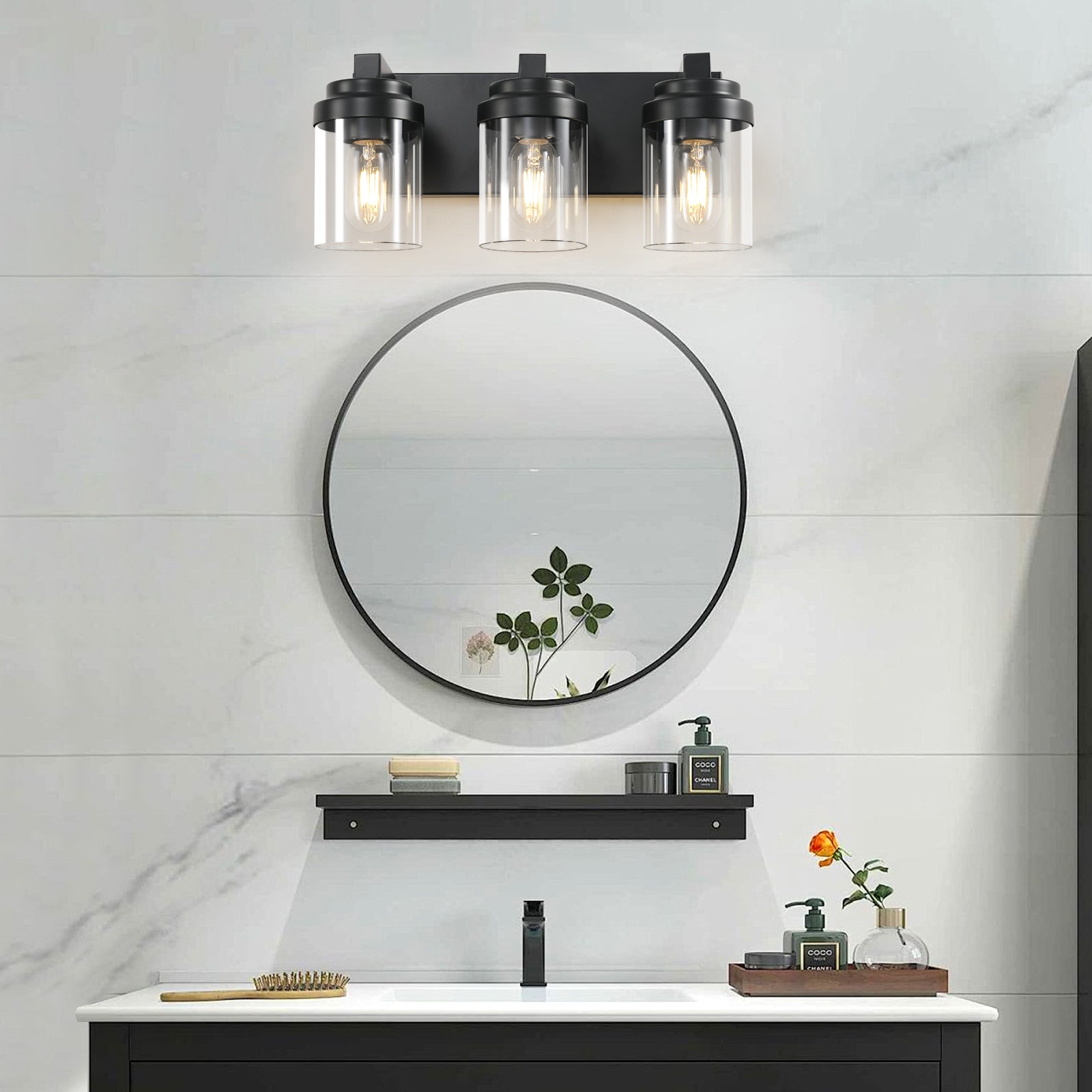 3 Light Bathroom Vanity Light, Matte Black Bathroom Light Fixtures With Clear Glass Shade, Vanity Light Fixtures Over Mirror For Bedroom Living Room Bulb Not Included