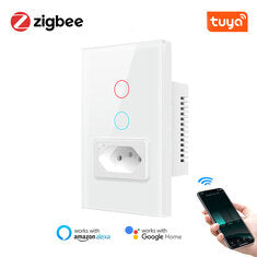 Brazil Standard Tuya Zigbee3_0 Smart Wall Light Switch with Socket 4X2 Glass Pan