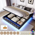 4ft6 Double Floating Bed Frame With Hydraulic Under-bed Storage & Smart RGB LED Lights, No Headboard Upholstered Bed With Concealed Anti-Collision Leg, Linen Fabric, Grey  No Mattress
