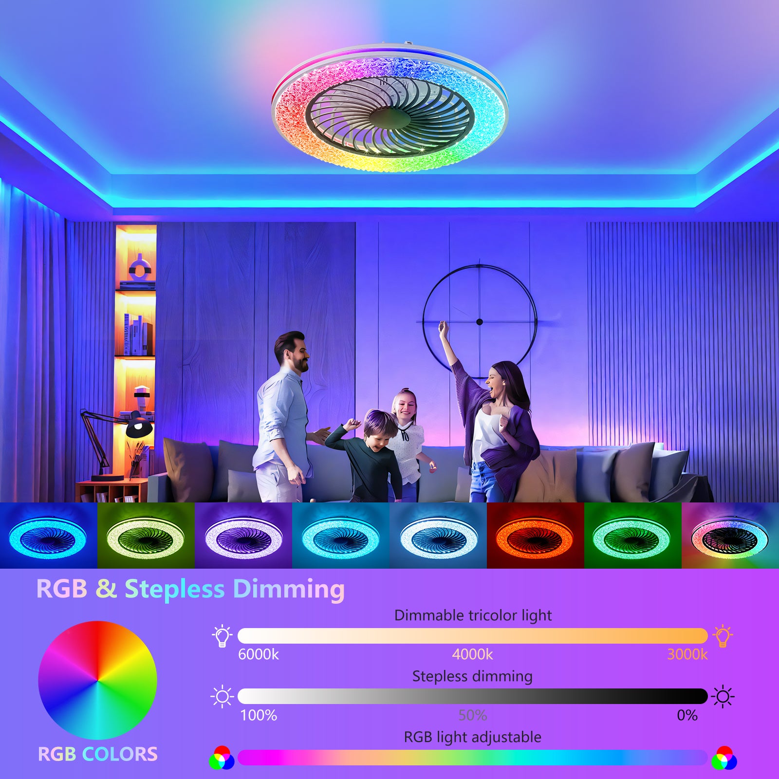 23 Inch Led Enclosed Ceiling Fans With Lights, RGB Bladeless Modern Ceiling Fan Low Profile For Living Room  23 Inch