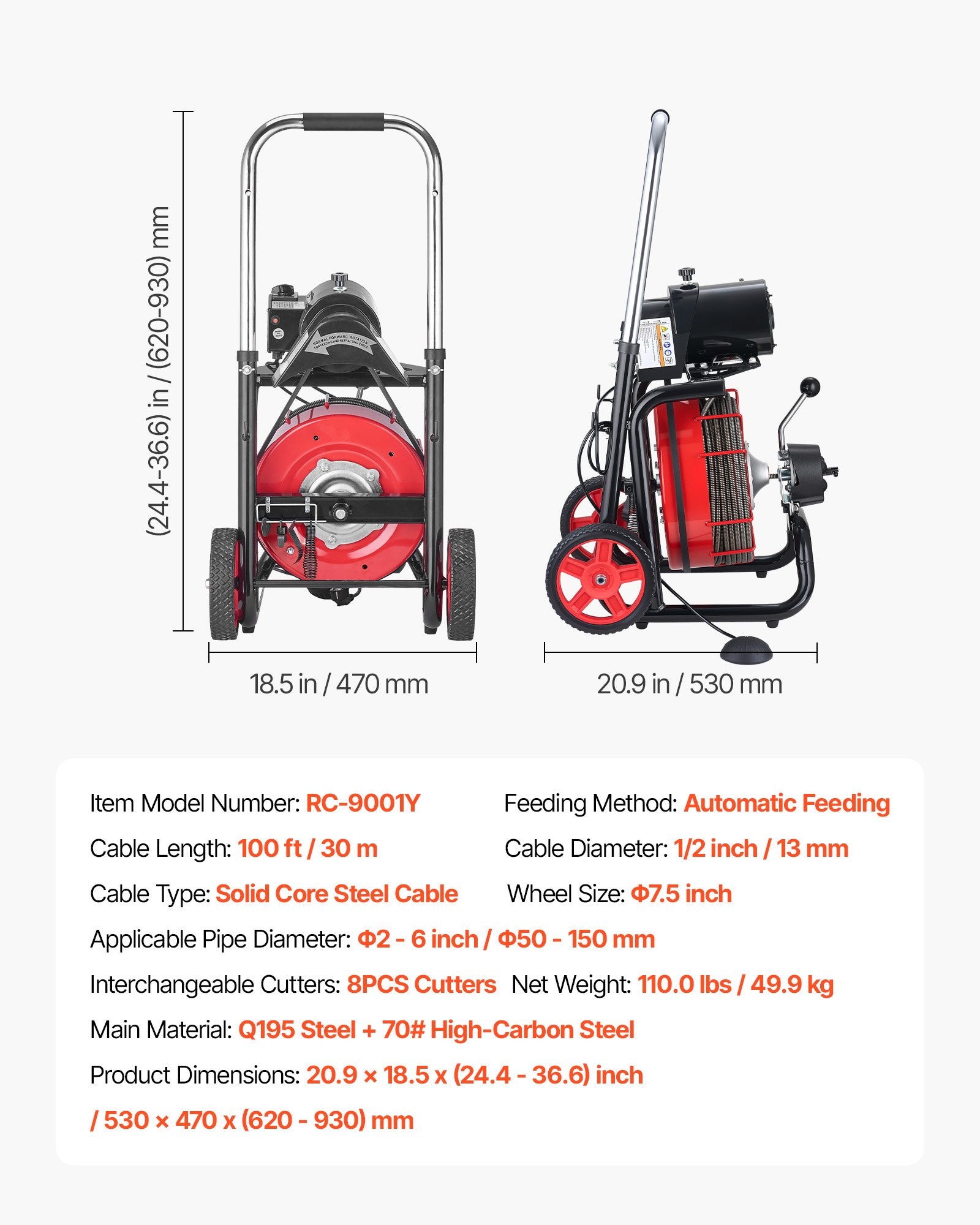 Drain Cleaner Machine 100 FT X 1/2 Inch, Auto Feed Sewer Snake Auger On Wheels - With 8 Cutters & Air-Activated Foot Switch For 2" To 6" Pipes