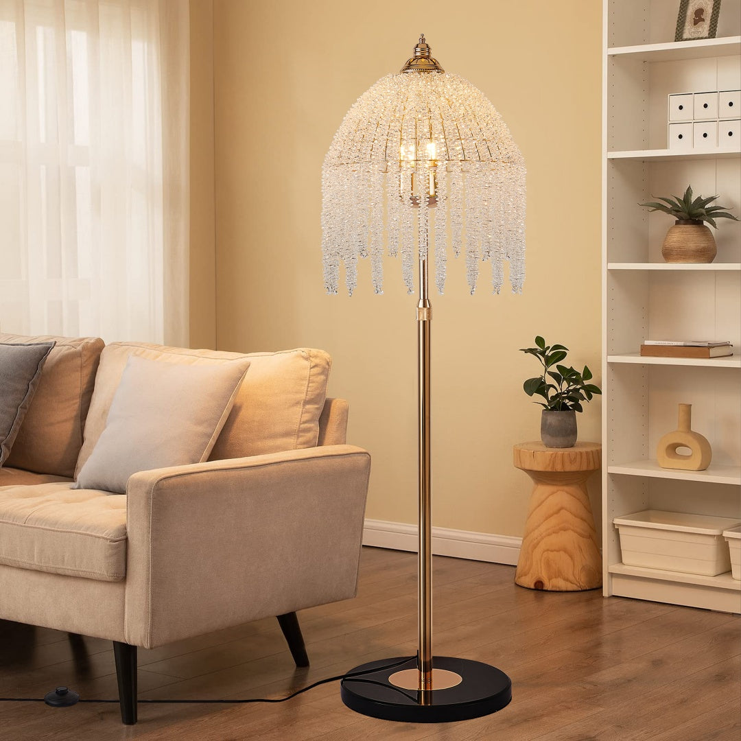 3-Light Elegant Crystal Floor Lamp - Vintage Waterfall Design With Cascading Crystal Beads And Marble Texture Base For Living Room, Bedroom, Or Office Decor  Bulb Not Included