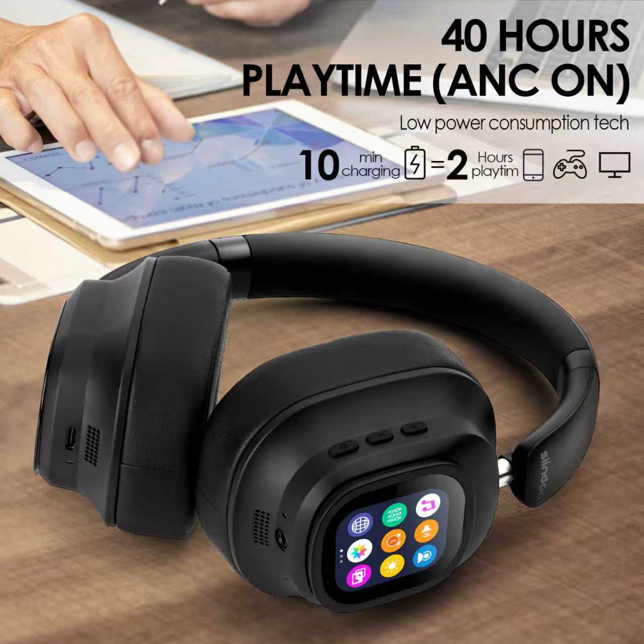 Over-ear Wireless Bluetooth Headphones With ANC Noise Cancellation And A Built-in Display Ideal For Workouts