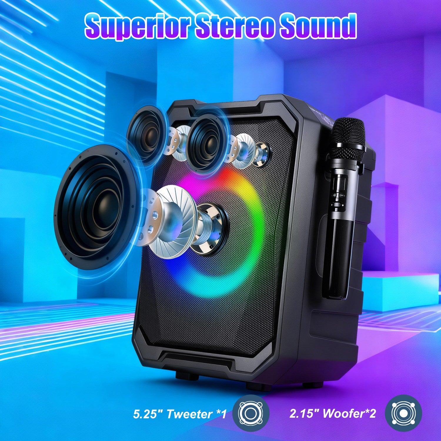 1Pc Portable Wireless Party Speaker With LED Light 2 Wireless Mics Remote Control TWS Music Accompany Mic. Priority...