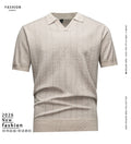 Men's Short Sleeve Knit Polo Shirt, Beige Textured Vertical Stripe Johnny Collar, Smart Casual