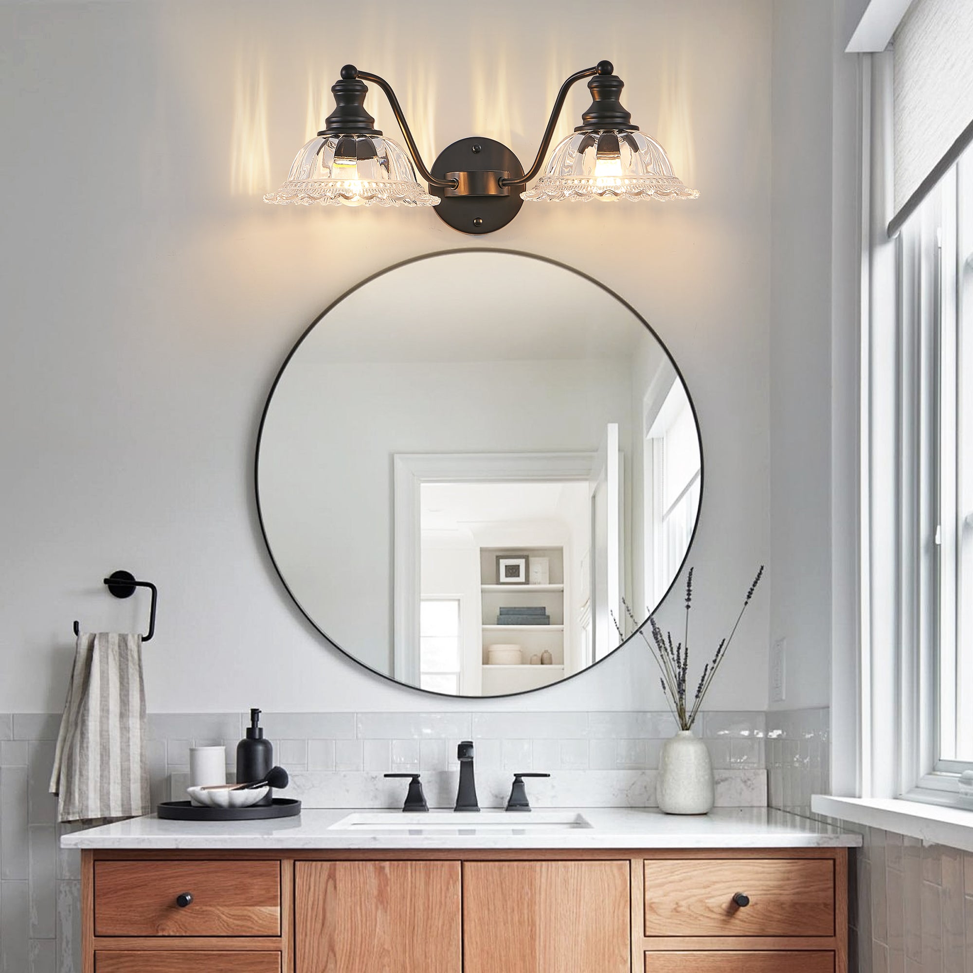 20 Inch 2-Light Vintage Bathroom Wall Sconce -- Elegant Black Metal And Glass Lampshade Vanity Light Fixture For Bathroom, Hallway, Or Bedroom  Bulb Not Included