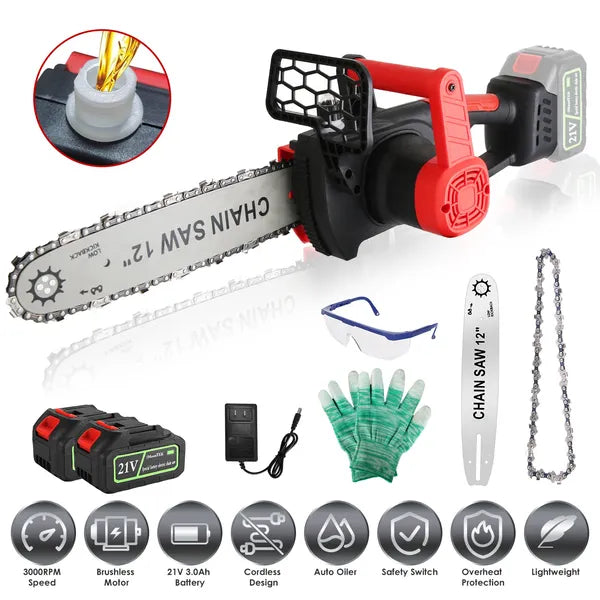 12-Inch Cordless Electric Chainsaw With 2 X 21V 1.5Ah/3.0Ah Batteries & Charger - Brushless Motor, Auto Oiler, Safety Switch For Tree Trimming, Wood Cutting, And Yard Maintenance