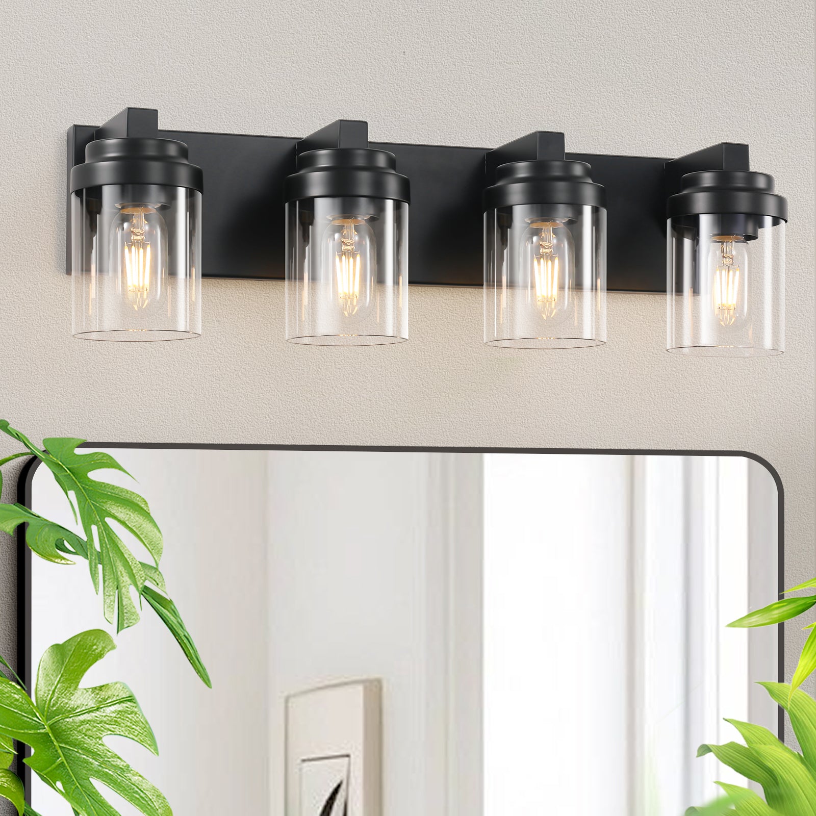 4 Light Bathroom Vanity Light, Matte Black Bathroom Light Fixtures With Clear Glass Shade, Vanity Light Fixtures Over Mirror For Bedroom Living Room Bulb Not Included