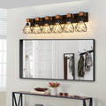 38   Modern Geometric 6-Light Vanity Light Fixture With Black Metal, Wooden Accents And Cage Lampshade For Bathroom, Bedroom, Or Living Room  Bulb Not Included