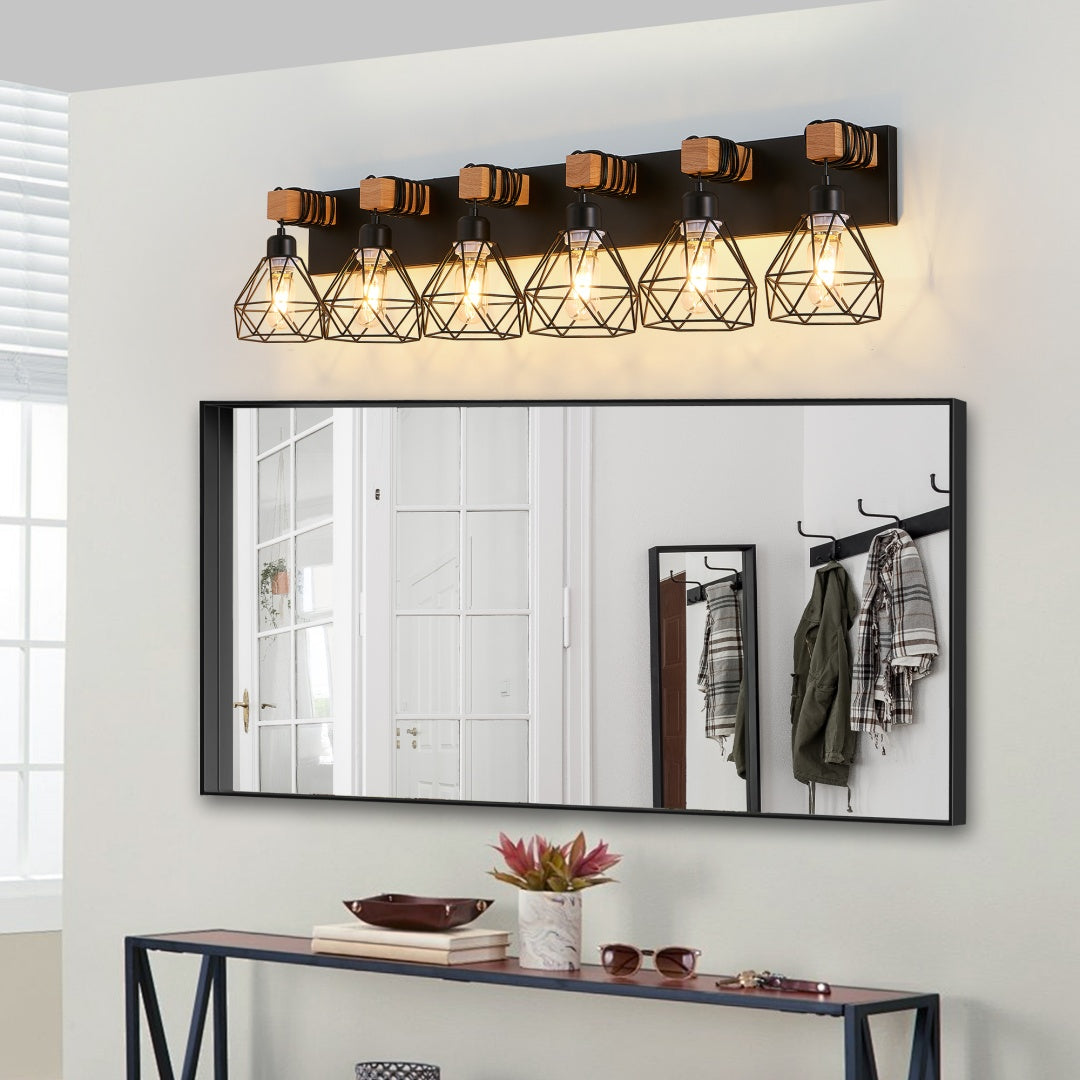 38   Modern Geometric 6-Light Vanity Light Fixture With Black Metal, Wooden Accents And Cage Lampshade For Bathroom, Bedroom, Or Living Room  Bulb Not Included