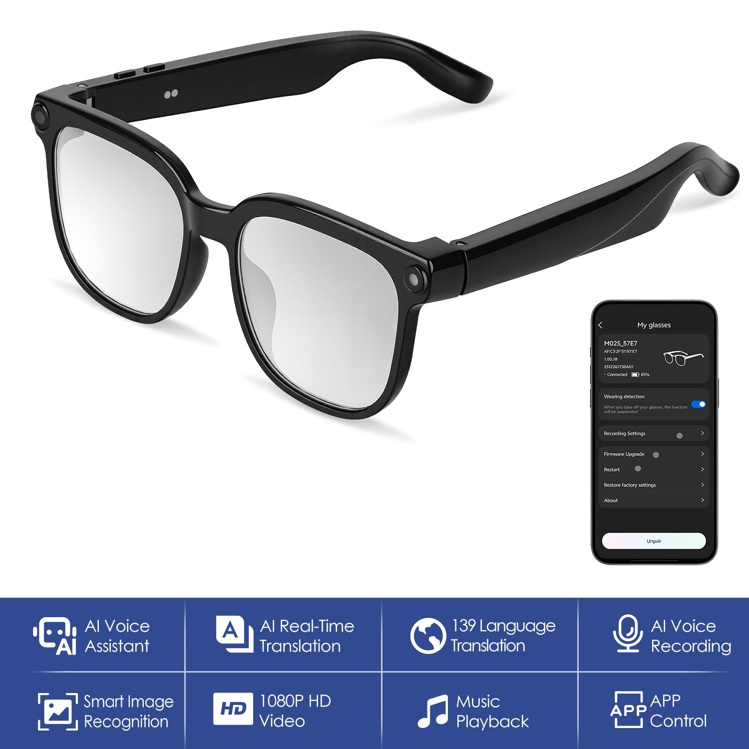 1Pc AI Smart Glasses With Camera And Audio 8MP HD1080P Real Time Translation 139 Languages Voice Assistant AI Photo...