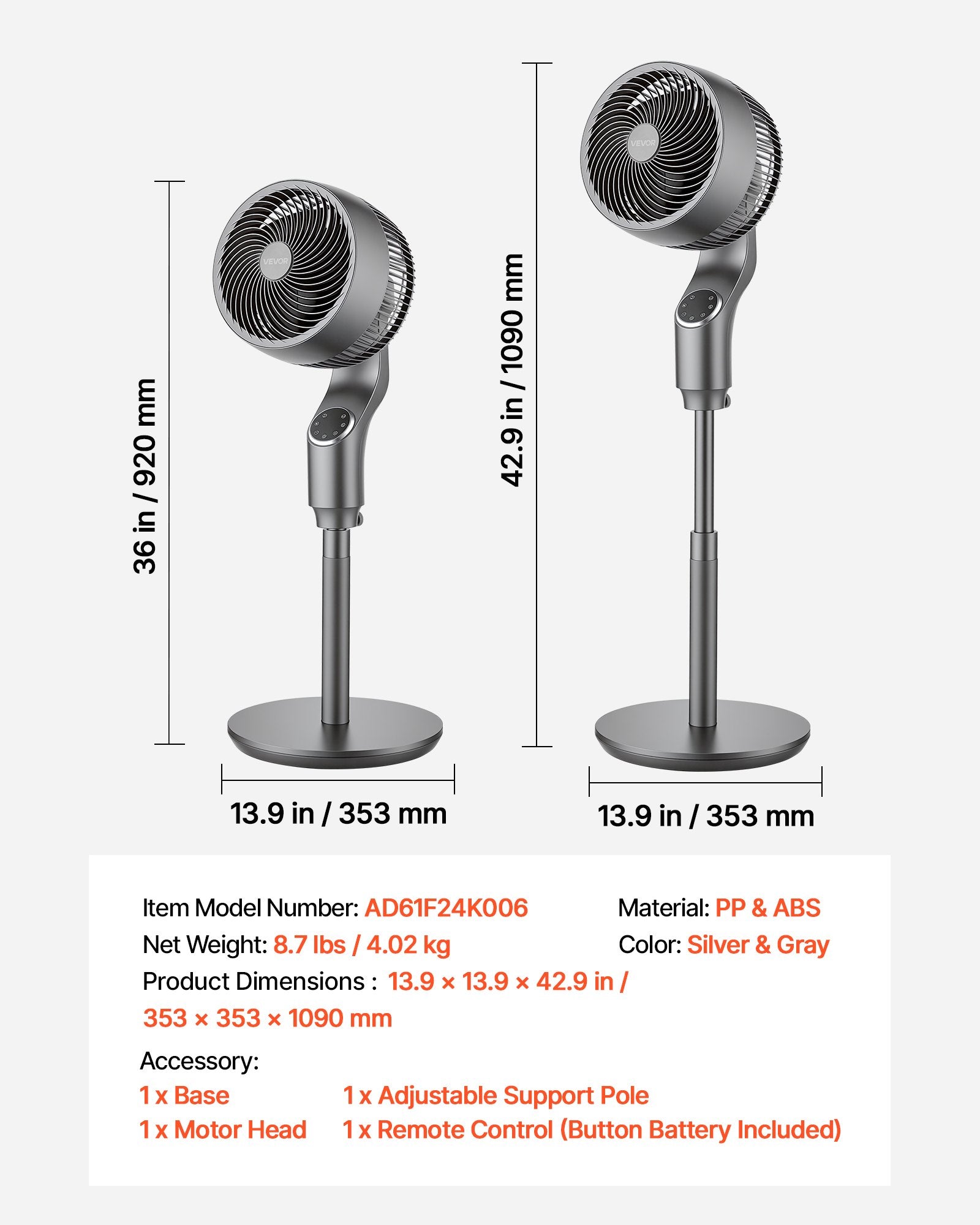 9-Inch Pedestal Fan, 80° Oscillating Standing Floor Fan With Quite DC Motor, Remote Control, 9 Speeds & 4 Smart Modes, 24H Timer, Adjustable Height, For Home, Bedroom, Living Room, Silver Gray