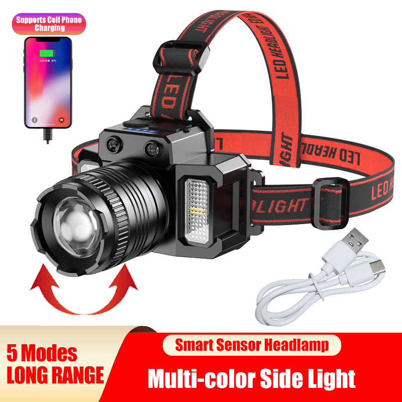 LED Telescopic Headlamp Head Torch USB Rechargeable Motion Sensor Headlight Zoomable 5 Modes Emergency Power Bank...