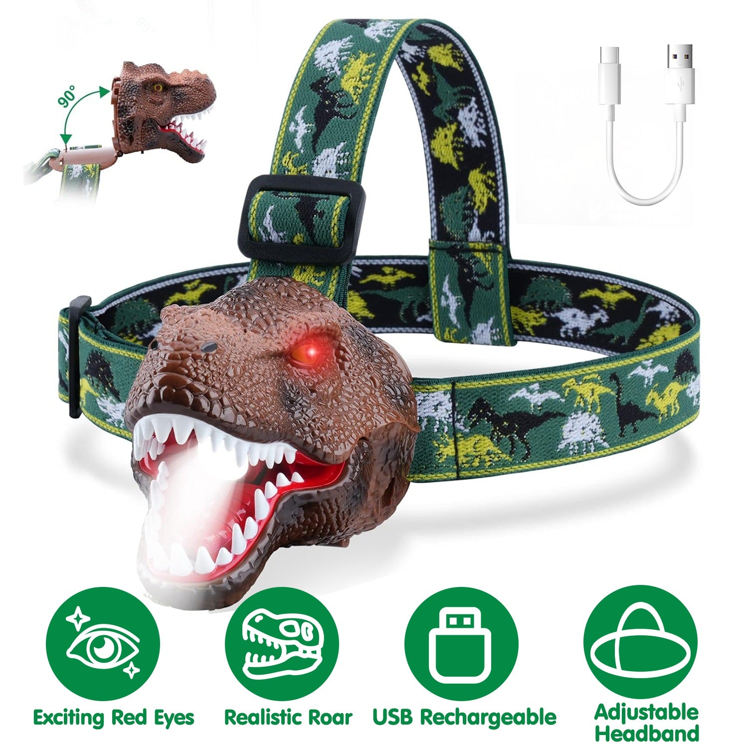 1Pc Dinosaur Headlamp Kids Headlight Dinosaur Flashlight With Realistic Roar Sound 4 Modes Adjustable Headband Kid...