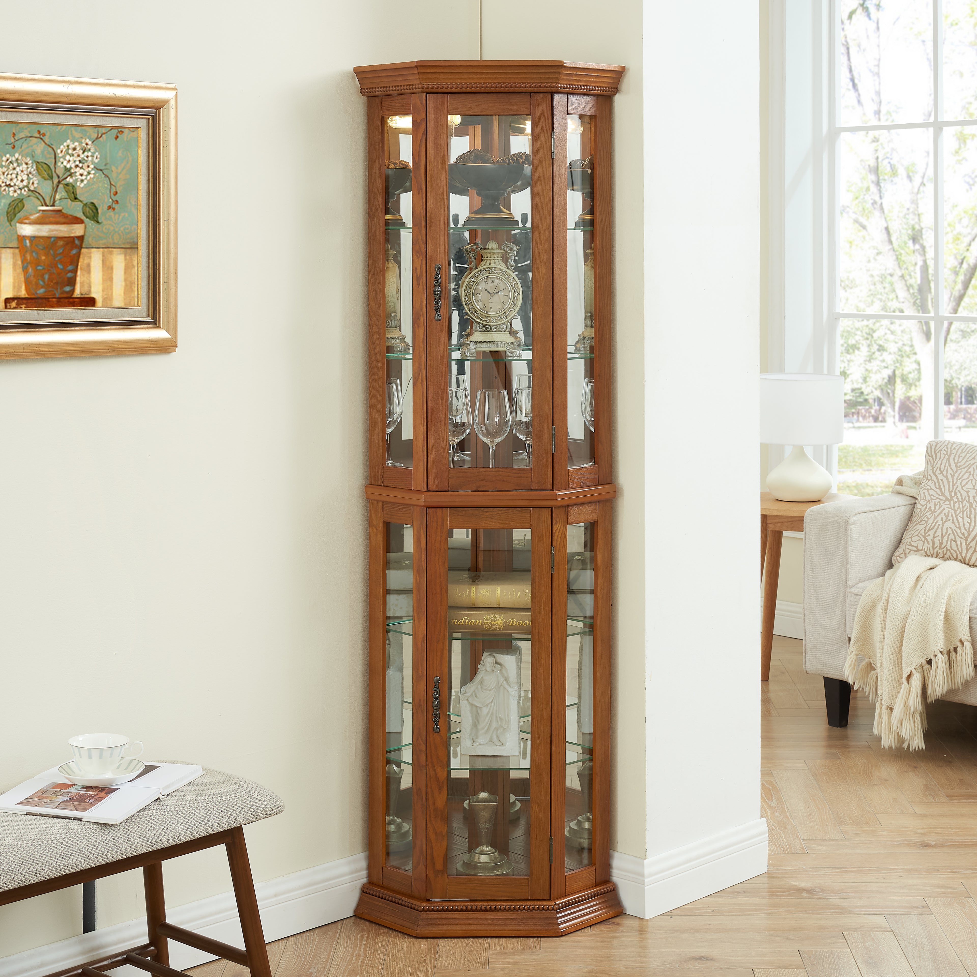 Corner Curio Cabinet Lighted Corner Display, Glass Display Shelf Shelving Bar Cabinet With Tempered Glass Door, Bar Cabinet,Cabinet With Adjustable Shelf Glass Cabinet Shelves Bead Bulb Included OAK