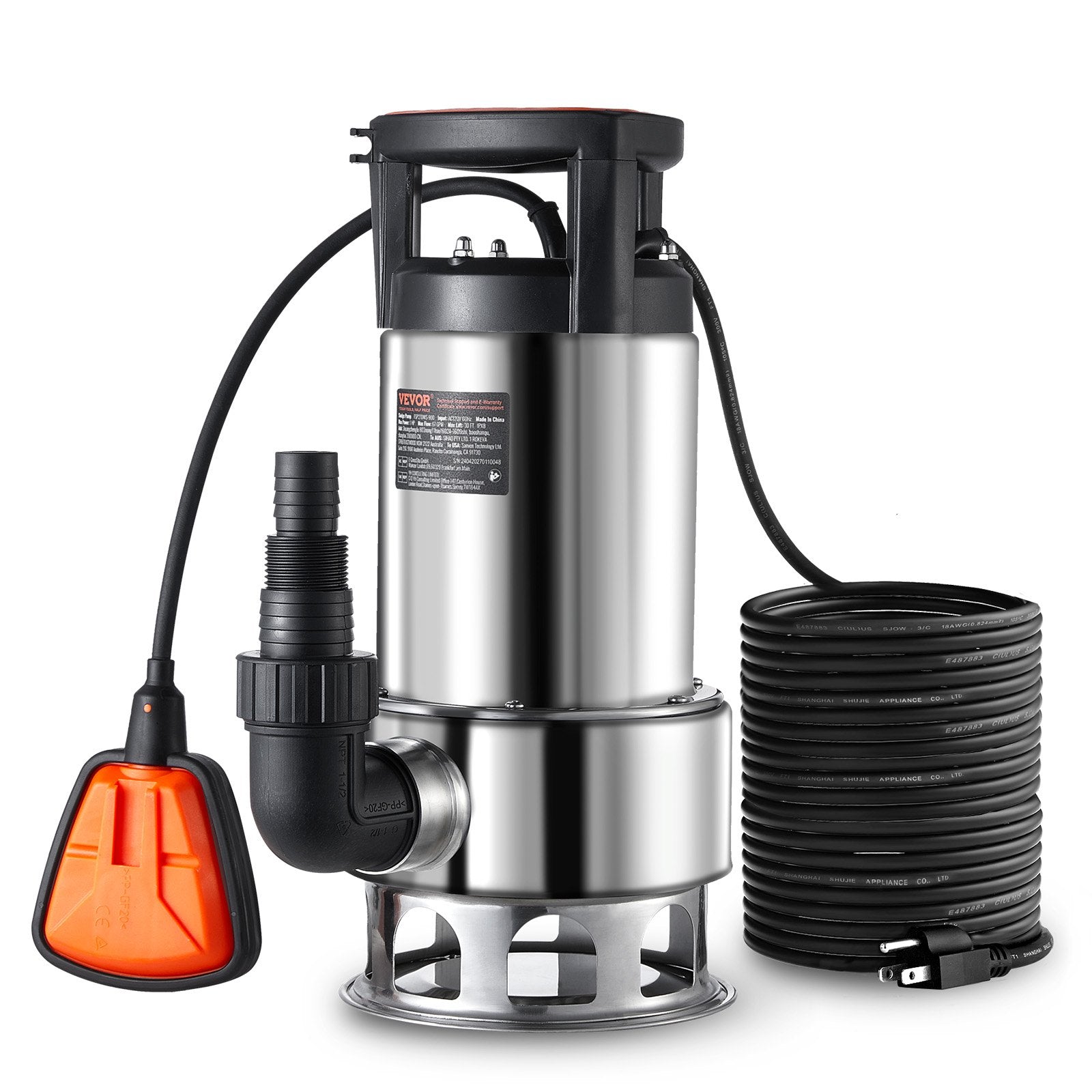 1HP Sump Pump, 4020GPH, 30FT Lift Stainless Steel Submersible Sludge Pump With 26FT Power Cord Automatic ON/OFF Float Switch, Drain Clean/Dirty Water For Basement Flood Pool Pond Garden Hot Tub