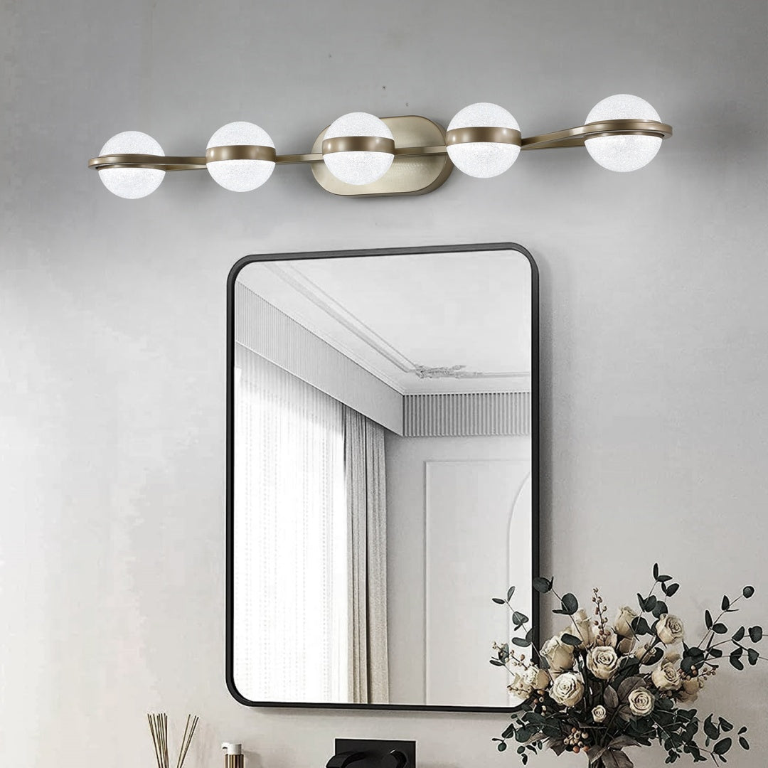 35 Modern Minimalist Bathroom Vanity Light, LED 5 Bulb Crystal Sand Acrylic Shades, Wall Mounted Decorative Lighting Fixture, Suitable For Bathroom Vanity Mirror  Champagne Gold