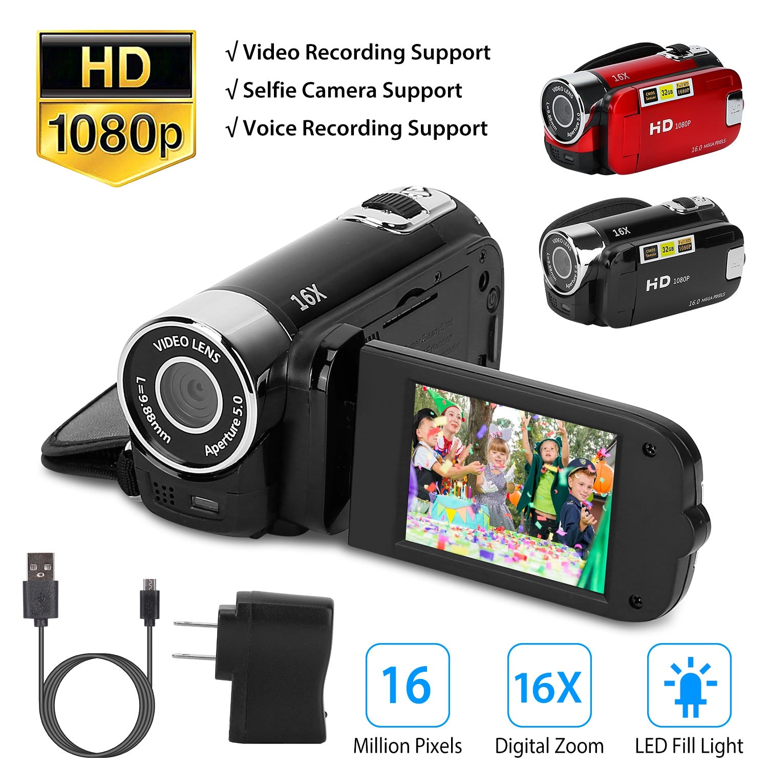 Black-Red Options - 1Pc HD 1080P Digital Video Camcorder 2.7in 16X Zoom DV Camera 270 Degree Rotation Rechargeable...