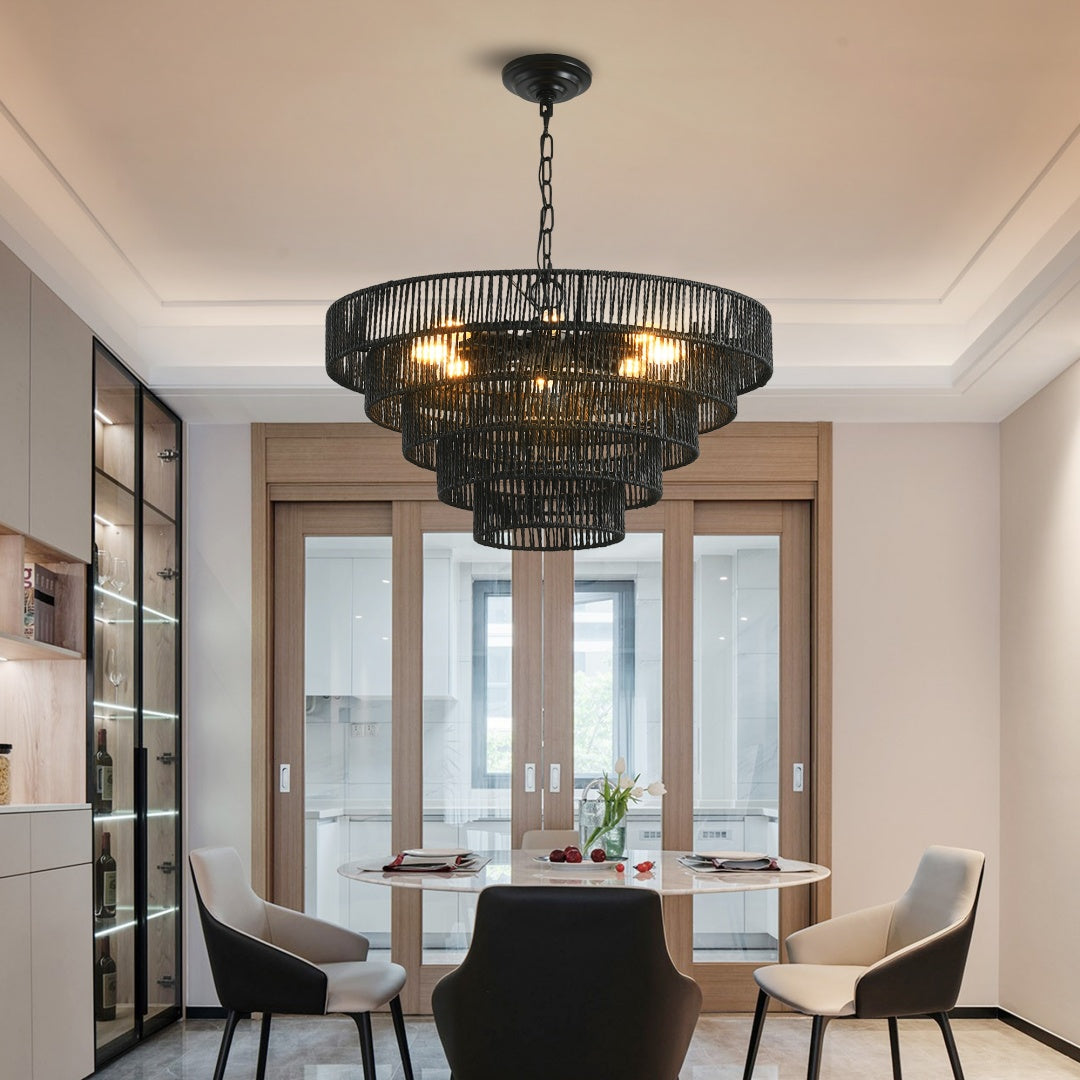 24 Rustic 5-Tier Black Hemp Rope Pendant Light Chandelier With 8 E12 Sockets, Boho Farmhouse Ceiling Fixture For Dining Room, Kitchen, Or Entryway  Bulb Not Included