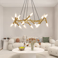 41  Golden Modern Chandelier Light Fixture, Branch Design With Frosted Tubes, Black Cords, Adjustable Height Pendant Light For Dining Room, Living Room, Or Kitchen Island Bulb Not Included