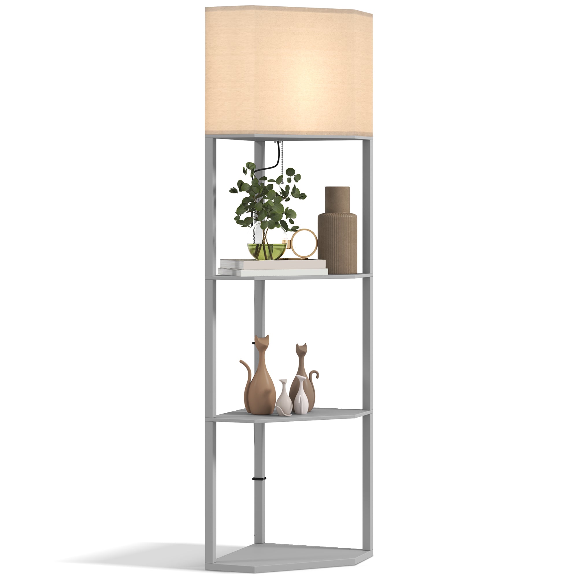 Corner Floor Lamp With Shelves, Tall Standing Lamps For Living Room, With Pull Chain Switch Bulb Not Included, Grey