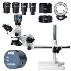 HAYEAR 3.5X-200X Magnification Simul-Focal Trinocular Stereo Microscope 4K HDM Camera 144 LED Ring Light Metal Boom Stand Precision Imaging