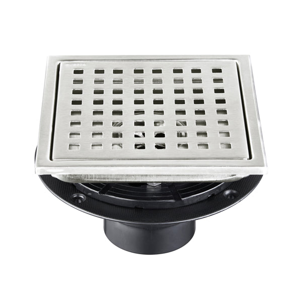 6 Inch Square Shower Drain With Removable Square Patterned Grate, 304 Stainless Steel With Flange And Hair Strainer,...