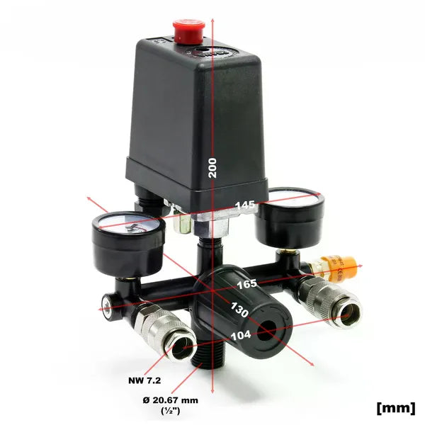 Pressure Regulator With Pressure Switch For Compressor, 2 Gauges, Safety Valve, Germany