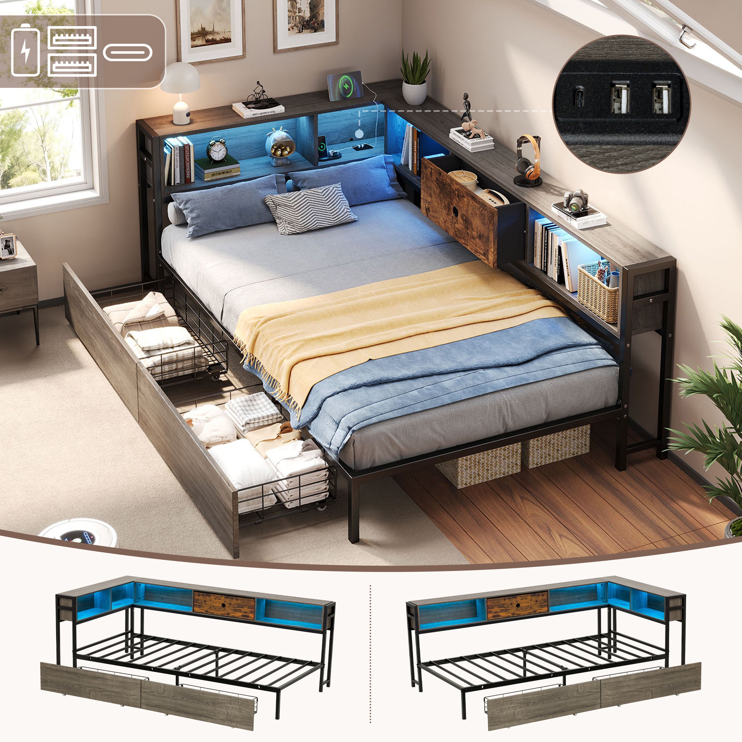 3ft Single Metal And Wood Bed With RGB LED Lights & Charging Station USB & Type-C, Built-in Shelves And Bedside Storage, Two Storage Drawers, Two Assembly Methods, Grey, Rustic Brown No Mattress