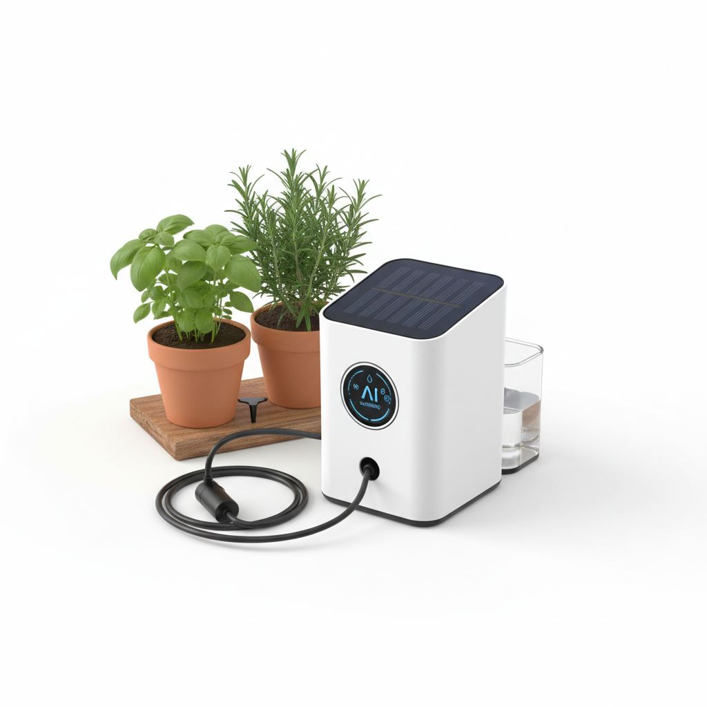 Kompakte KI-Bewässerungseinheit mit Solarpanel für Kräutertöpfe