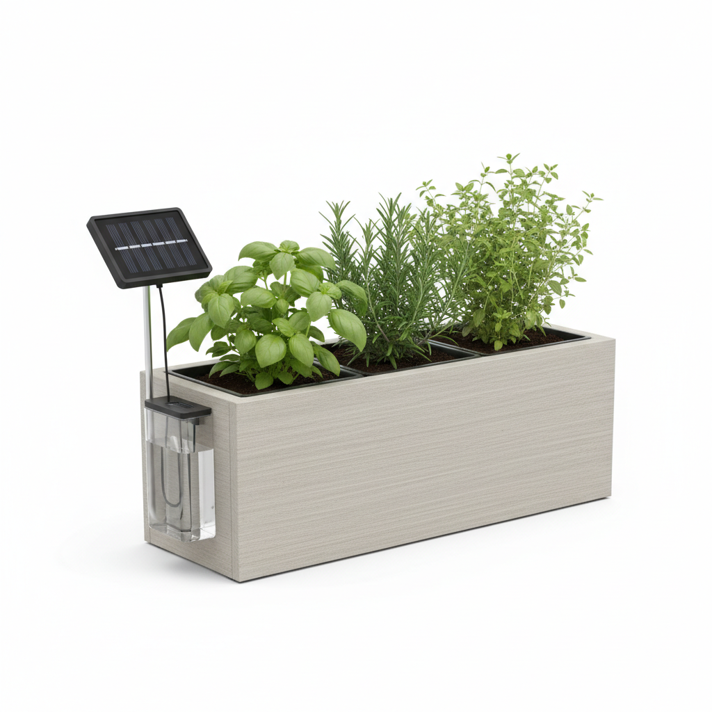 Kompaktes Balkon-Kräuterbeet mit selbsterhaltender Solarbewässerung