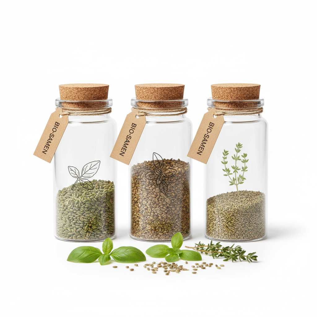 Set aus Bio-Samengläsern mit Kräutern