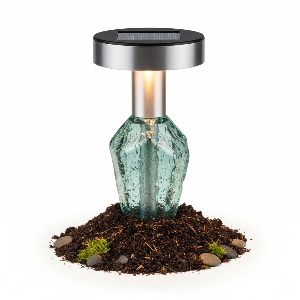 Solarbetriebene LED-Gartenleuchte mit Erdspieß aus recyceltem Glas